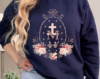 Sudadera con la Medalla Milagrosa, regalo católico para ella, ropa floral de la Virgen María, SS4