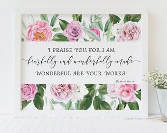 Impresión digital Temerosamente y maravillosamente hecha, Salmo 139:14 Descarga instantánea, Arte de pared para guardería de niña, Impresión de las Escrituras con flores en colores pastel