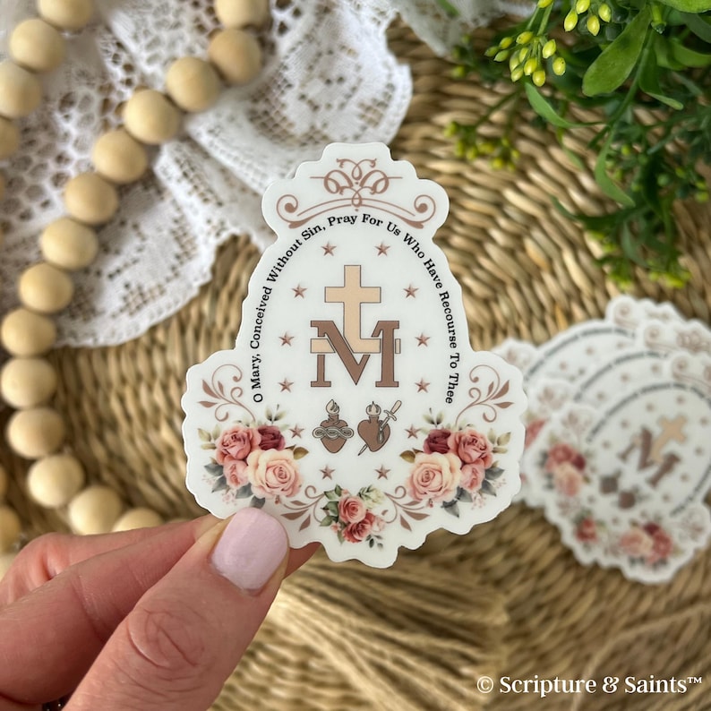 Pegatina transparente de vinilo con diseño floral de la Medalla Milagrosa, pegatina de la Virgen María, imán, regalo católico, SS4 imagen 10