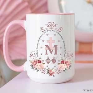 Miraculous Medal Mug with Floral Design, Catholic Gift for Her, First Communion, Confirmation Gift, Virgin Mary Coffee Mug, SS04