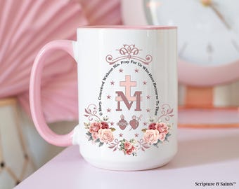 Miraculous Medal Floral Mug, Catholic Gift for Her