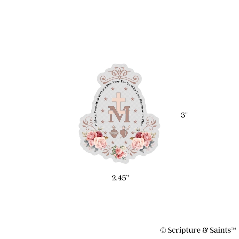 Puede incluir: Una pegatina blanca con un dise&ntilde;o de Medalla Milagrosa rosa y dorada. La medalla presenta a la Virgen Mar&iacute;a, una cruz y las palabras "Oh Mar&iacute;a, concebida sin pecado, ruega por nosotros que recurrimos a ti". La pegatina tiene un di&aacute;metro de 7,62 cm.