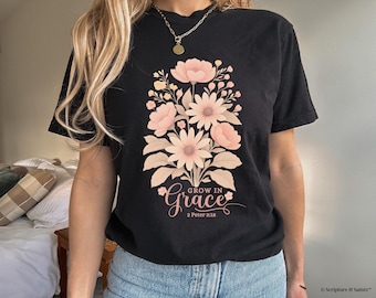 Wachsen in Gnade Christliches T-Shirt, Boho Blumen Bibel Vers T-Shirt