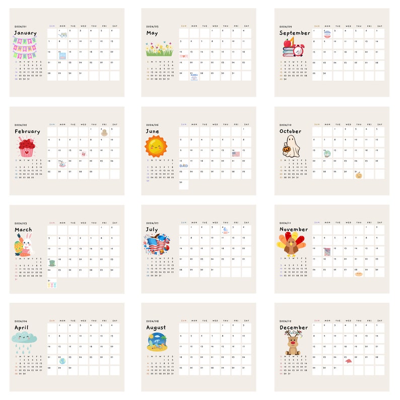 Kid Friendly Printable 2024 Printable Calendar for Organization Etsy