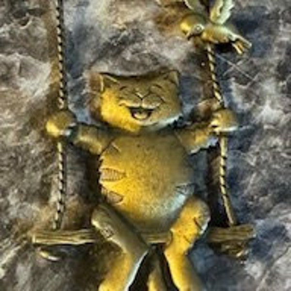 Signed JJ Vintage Brass Smiling Cat on Swing with Birds Brooch / Pin