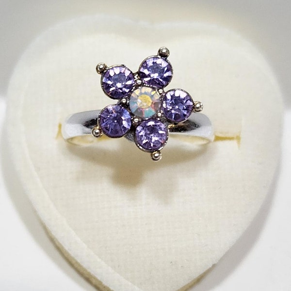 Adjustable Upcycled Rhinestone Ring Pretty in Lavender and Silver Plate Size 6 to Size 9 Repurposed From a Hair Barrette