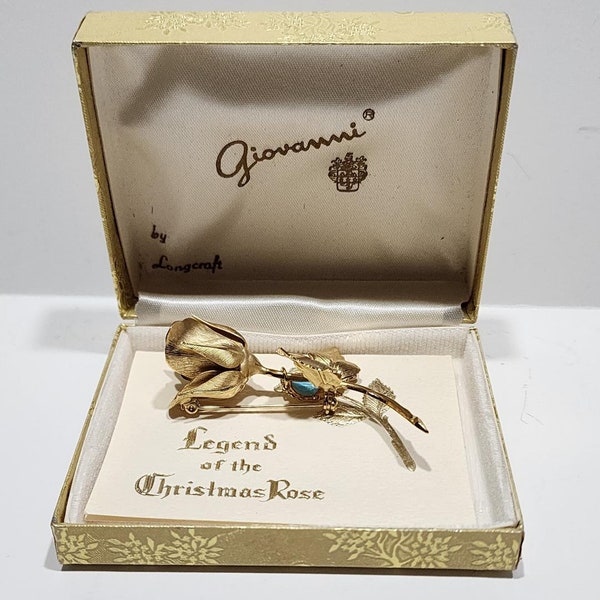 Vintage Giovanni by Longcraft Gold Tone Rose Brooch / Pin in Original Gift Box with Legend of the Christmas Rose Card