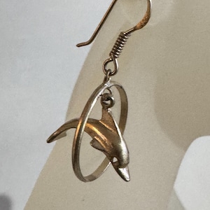 Vintage Sterling Silver Jumping Dolphin & Circle Dangle Earrings Marked 925