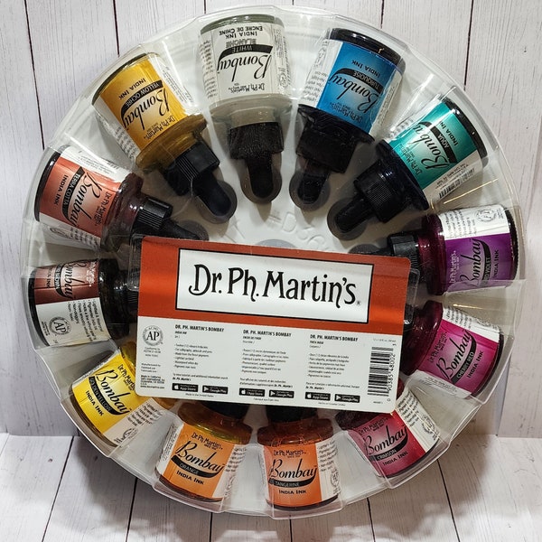 Dr. Ph. Martin's Bombay 12 India Ink Sealed Colors Include Cherry Red Orange Red Violet Aqua White For Calligraphy Airbrush and Pens