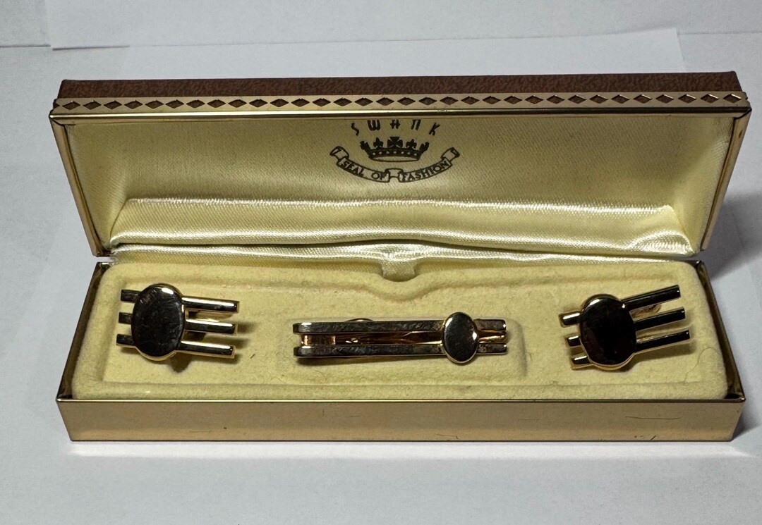 Boutons De Manchette Et Barrette De Cravate Vintage Swank - Ton Or, Avec Opales - Occasion