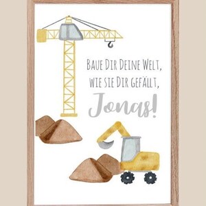 Poster Kinderzimmer | Baustelle, Kran, Bagger - personalisiert mit Namen, A4 | Geschenk für Jungen, Mädchen zum Geburtstag, zur Taufe