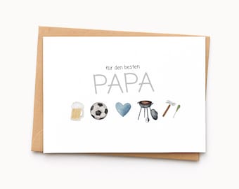 Karte zum Vatertag, für Papa, Opa | für den besten Papa, Bier, Fußball, Werkzeug, Grill | Postkarte A6, Klappkarte / Geschenkidee Papa