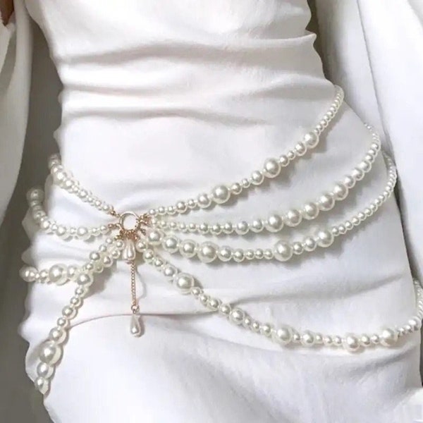 OFELIA PEARLS BELT - Pearl Body Jewelry, Festival Jewelry, Bohemian Jewelry, Waist Body Chain, Pearls Accessory, Gold Belly Chain