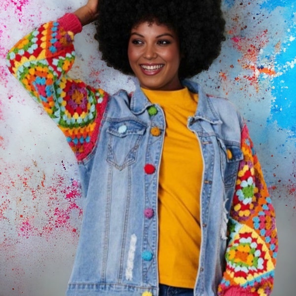Crochet Jacket Pattern-Denim Granny Square sleeves, yoke, tassels embellish jacket-crochet coat pattern bomber length-crochet cardigan style