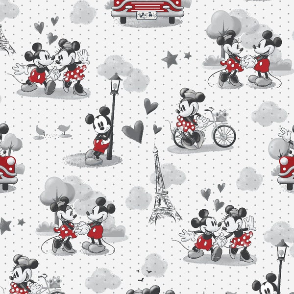 Mickey and Minnie Mouse in love, Disney fabric by the yard, disney fabric fat quarters, Mickey mouse fabric fat quarters.