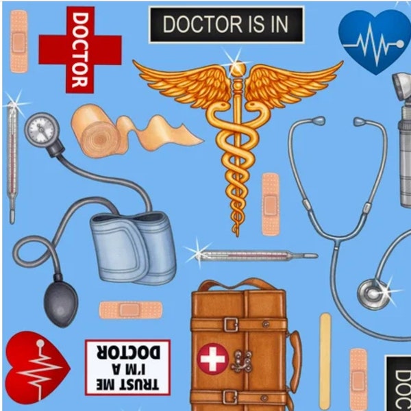 Doctor with assorted medical equipment and Caduceus emblem cotton fabric. Fat quarters.