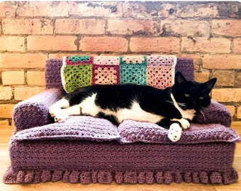 Crochet Cat Bed pattern-skill easy Crochet Cat couch 24Lx16w12t easily fits most cats-works for mid morning cat nap-mid afternoon nap