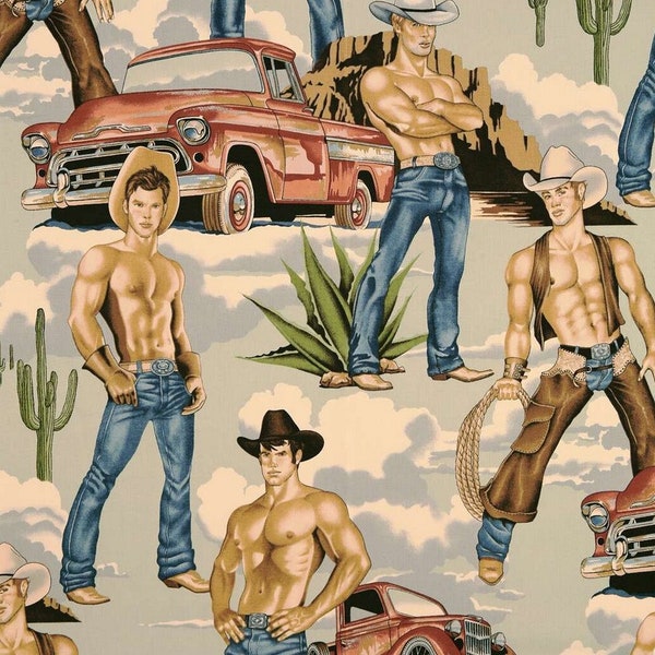 Wranglers sexy cowboys with red truck. Half yard, Alexander Henry pin up men, tea color Fabric quilt cotton.