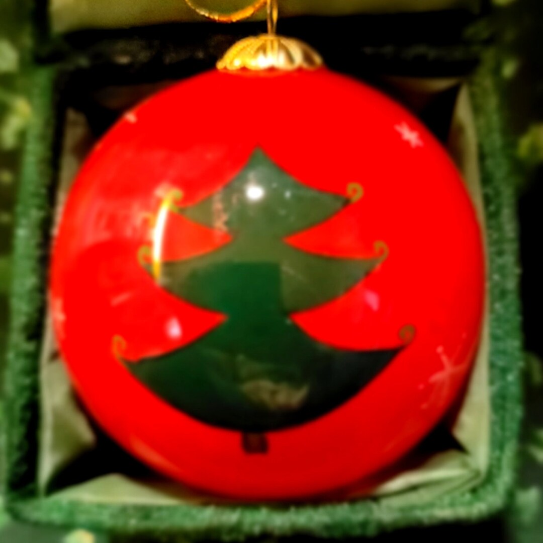 Li Bien Two Christmas Trees on Red Style Hand Painted Glass Ornament. a