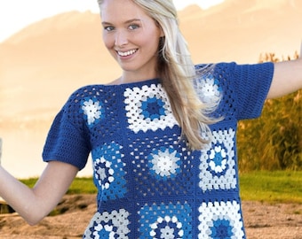 Crochet Sweater jumper pattern loose comfortable fit-cool summer Granny Square top-both short and long sleeves size measurements below.