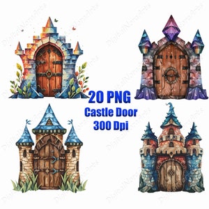 Può includere: Quattro illustrazioni ad acquerello di porte di castello con diversi stili architettonici. Ogni porta è in legno e ha un design unico. Le porte sono circondate da muri di pietra e torri, e alcune hanno viti e fiori che crescono intorno a loro.