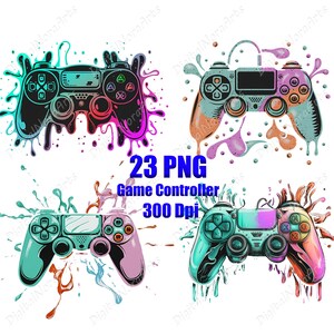 Puede incluir: Cuatro mandos de juego digitales con salpicaduras de pintura de colores en el fondo. Los mandos son negros, azules, verde azulado y rosas. El texto "23 PNG Game Controller 300 Dpi" está en el centro de la imagen.