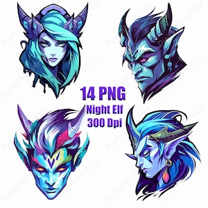 Puede incluir: Cuatro ilustraciones estilizadas de personajes de Elfos Nocturnos en tonos de azul, morado y turquesa. Las imágenes incluyen rasgos faciales detallados y tocados con cuernos. El texto en la imagen dice "14 PNG Night Elf 300 DPI".