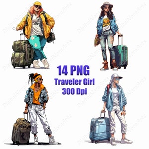 Reiziger meisje, logo, clipart, png, T-shirtontwerp, graffitistijl, vectorillustratie, DigitalNoraArts