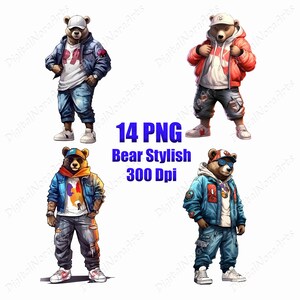 以下が含まれることがあります： スタイリッシュな服を着たクマのデジタルイラストが4つあります。それぞれのクマは、青いデニムジャケット、赤いジャケット、青と黄色のジャケット、青と白のジャケットなど、異なる服装をしています。クマはすべてカジュアルなポーズで立っています。