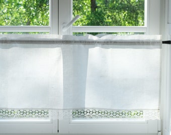 Cortinas de café de lino blanco crema / Cortinas de café hechas a medida para el baño de la cocina / Scheibengardinen Leinen / Brise Bise en Lin