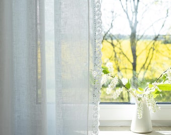 Boho curtains cream |  Linen curtains |  Custom extra long curtains with lace