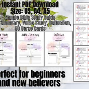 Peut inclure: Un guide d'étude biblique imprimable avec des motifs floraux aquarelle. Le guide comprend des sections pour l'étude des versets, le résumé de la Bible et la réflexion. Il comprend également 50 cartes de versets avec des versets bibliques.