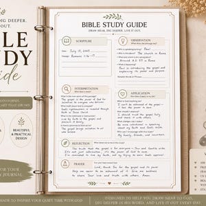 May include: A Bible study guide in a three-ring binder with 100 sheets, 200 pages total, measuring 8.5 by 11 inches. The guide includes sections for scripture, observation, interpretation, application, reflection, and prayer. A stainless steel heart-shaped bookmark with a cross is included.