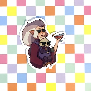 May include: A sticker featuring two cartoon characters wearing sunglasses. One character is holding a drink with a small umbrella. The other character is being held in a carrier. The background is a colorful checkerboard pattern.