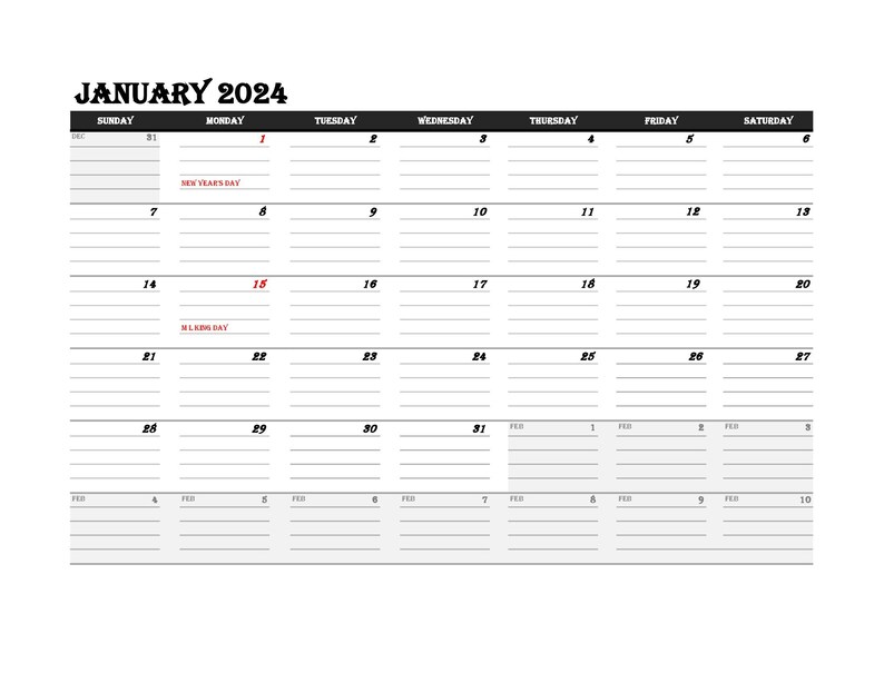 2024 Monthly Calendar Excel Printable, A4 Size, Landscape Oriented Stay