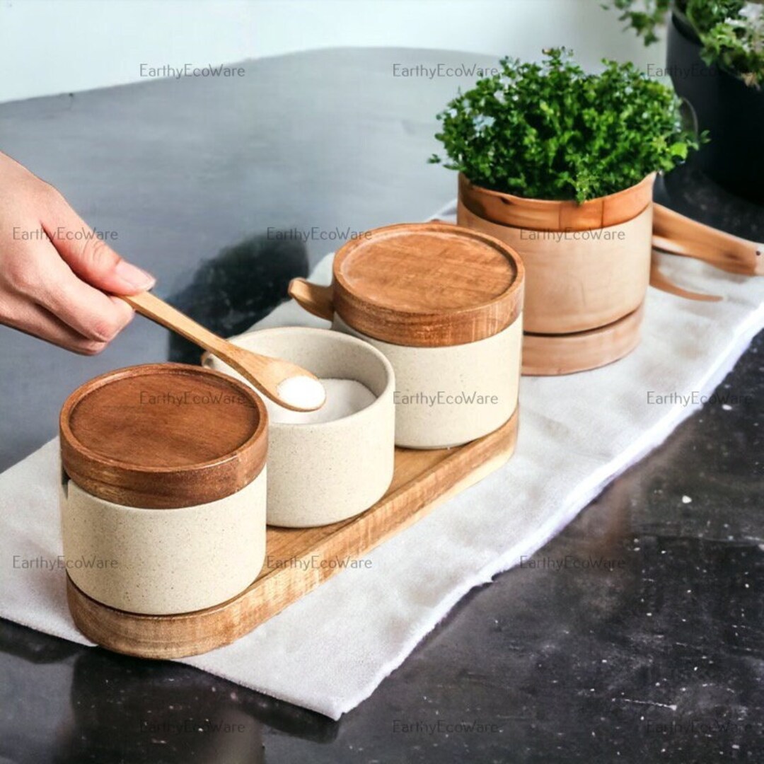 Japanese Ceramic Kitchen Container With Acacia Lid Kitchen Etsy UK