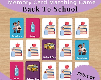 Back To School Concentration • 16 Memory Matching Game Cards • Pairs Montessori FlashCards PDF Printable Cards preschool Toys Flashcard