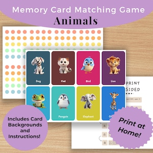 Animal Game • 16 Memory Matching Game Cards • Pairs Montessori FlashCards PDF Printable Cards preschool Toys Flashcard