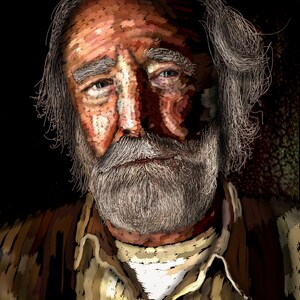 May include: A close-up portrait of a man with a long, gray beard and a weathered face. He is wearing a brown and beige striped shirt.