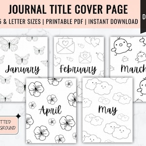 Printable Journal Title Cover Page | Printable Planner | Cute Title Page | 12 Month title Pages | Bujo Journal Pages