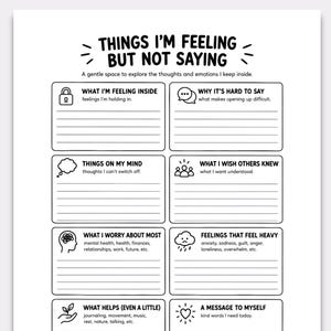 May include: A black and white printable journal page titled THINGS I'M FEELING BUT NOT SAYING. It features eight sections with icons and prompts for emotional reflection, including lines for writing and the footer text IT'S OKAY TO FEEL WHAT YOU FEEL.