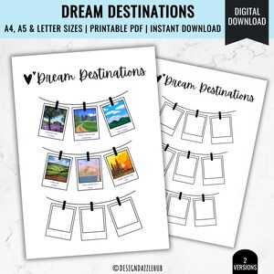 Può includere: Due poster stampabili "Dream Destinations". Uno presenta illustrazioni colorate di destinazioni di viaggio appese a un filo. L'altro è una versione vuota. Il testo include "A4, A5 & Letter Sizes | Printable PDF | Instant Download".