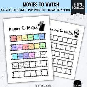Printable Movies to Watch Tracker | Bullet Journal Page Ideas | Movie Tracker Bujo | Cinema Journal | Movie to Watch Log | Film Tracker