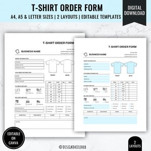 Editable T-shirt Order Form Template | Printable Custom T-shirt Order Form | Fillable Order Form | Editable Small Business Order Form PDF