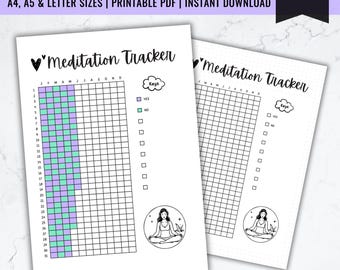 Könnte beinhalten: Druckbarer Meditations-Tracker mit zwei Versionen. Die erste Version hat ein Kalenderrraster mit einer Legende für Ja und Nein und eine kleine Illustration einer Person, die meditiert. Die zweite Version ist ein leeres Kalenderrraster mit einer Legende für Ja und Nein.