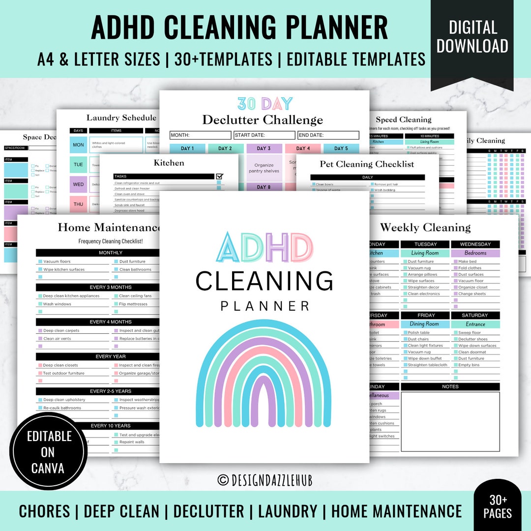 ADHD Cleaning Planner Bundle | Editable Checklist, Home Organization ...
