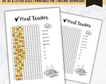 Peut inclure: Suivi de repas imprimable avec deux versions. La première version a une grille de calendrier remplie avec des carrés de différentes couleurs représentant le nombre de repas consommés chaque jour. La deuxième version a une grille de calendrier vierge. Les deux versions ont une clé avec des carrés représentant 0, 1, 2 et 3 repas. Les deux versions ont un dessin d'une assiette de nourriture avec une fourchette et un couteau.