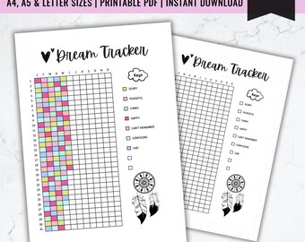 May include: Two printable dream tracker pages with a black and white dreamcatcher design. The first page has a color-coded grid for tracking dreams by month and day. The second page has a blank grid for tracking dreams. Both pages include a key with categories for dream descriptions: scary, peaceful, funny, happy, can't remember, confusing, and sad.