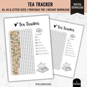 May include: Printable tea tracker with two versions. The first version has a grid with colored squares to track tea consumption. The second version has a grid with checkboxes to track tea consumption. Both versions have a key with a teacup icon and the text "1 cup (8 oz)".
