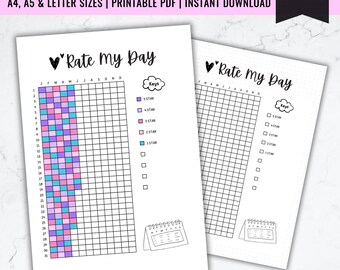 Rate My Day Tracker Printable: Mood Tracker, Year In Pixels (PDF)